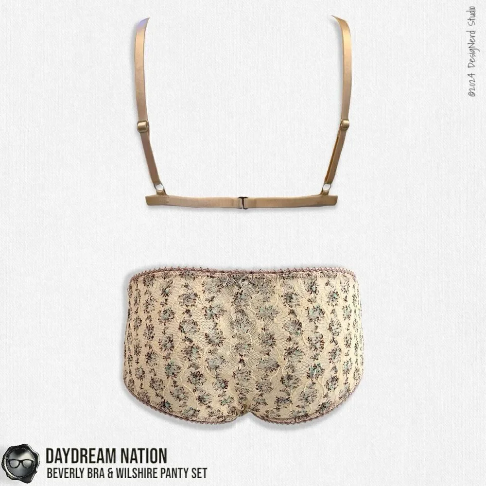 DAYDREAM NATION BEVERLY BRA & WILSHIRE PANTY SET IN TAN DAINTY FLORAL MESH LACE